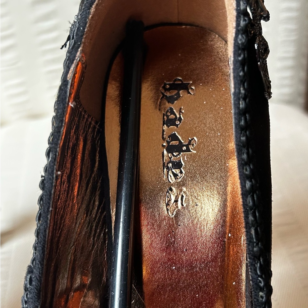 Hades Black Heels with lace trim, metallic & rhinestone Embellishments. - Picture 5 of 11